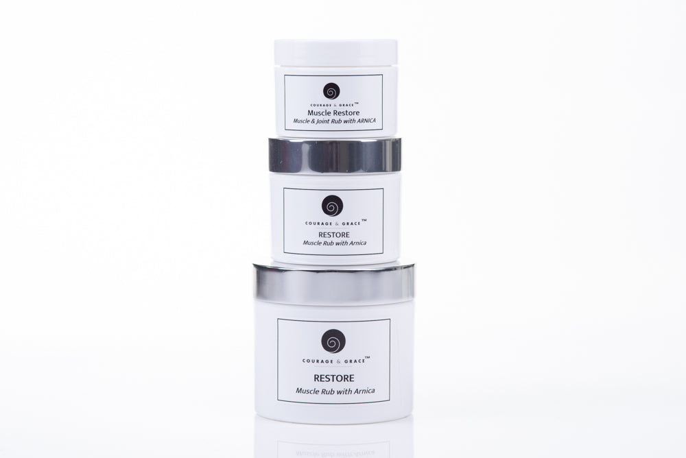 An image of the three size options for Restore muscle rub topical for inflammation and joint pain stacked on top of each other.