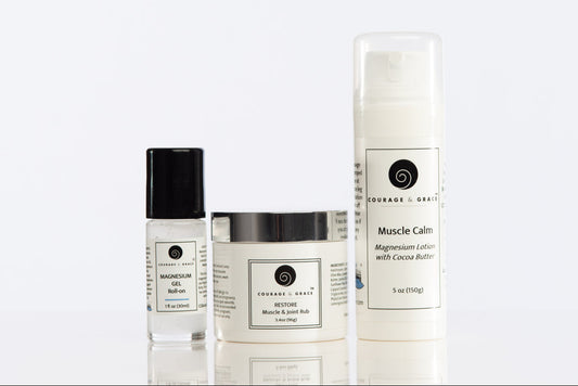 Three skincare products from Courage & Mercy on a white background