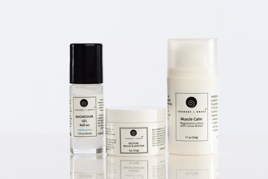 Three Courage & Grace skincare products on a white background