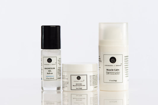 Three Courage & Grace skincare products on a white background
